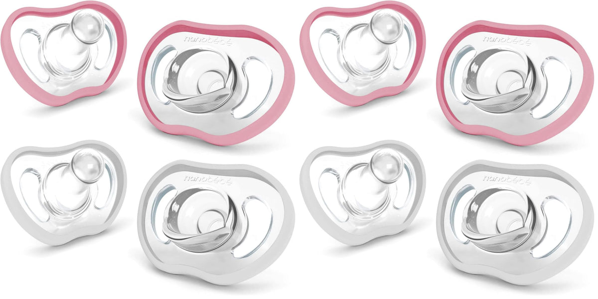 Nanobebe Baby Pacifiers 0-3 Month - Orthodontic, Curves Comfortably with Face Contour, Award Winning for Breastfeeding Babies, 100% Silicone, Baby Registry Gift 4pk,Pink/Grey