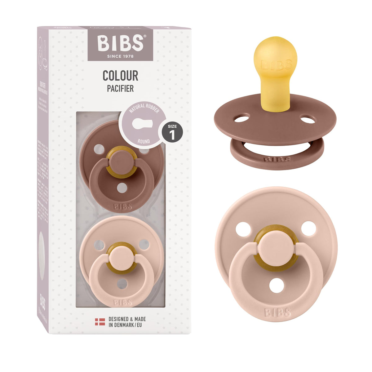 BIBS Pacifiers Colour Collection | Natural Rubber Baby Pacifier | Set of 2 BPA-Free Soothers | Made in Denmark | 0+ Months (Pack of 2) | Blush/Ivory