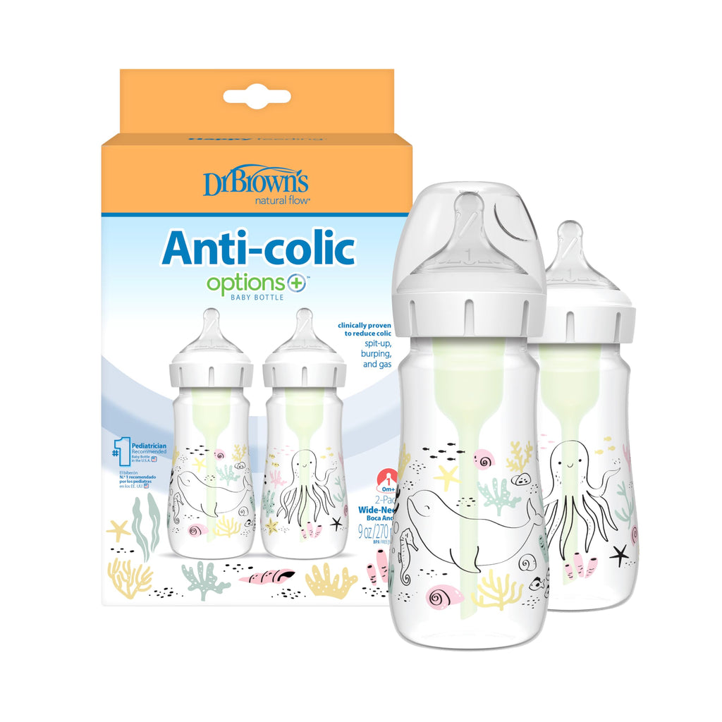 Dr. Brown's Anti-Colic Options+ Wide-Neck Baby Bottles, Ocean, 2-Pack
