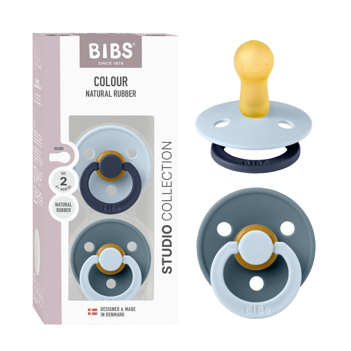 BIBS Colour Fusion Pacifier, 6-18 Months, 2-Pack, Round, Baby Blue/Petrol