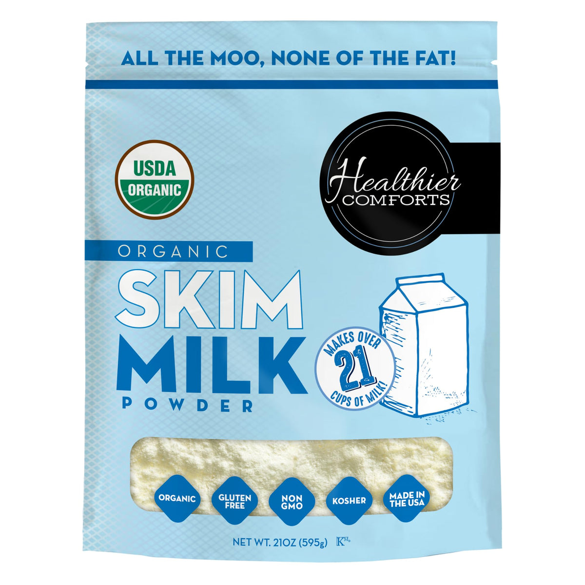 Healthier Comforts Organic Skim Milk Powder | Certified USDA Organic | Fat Free, Kosher, Gluten Free, Non-GMO, Shelf Stable | Perfect for Shakes, Smoothies, Coffee Creamer, Baking | Made in USA (7oz)
