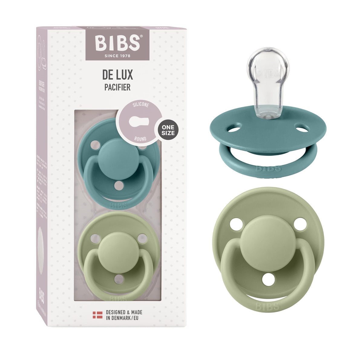 BIBS Pacifiers - De Lux Collection | BPA-Free Round Nipple | Silicone | Made in Denmark | Set of 2 Blush Night/Vanilla Night Color Premium Soothers | Size One Size