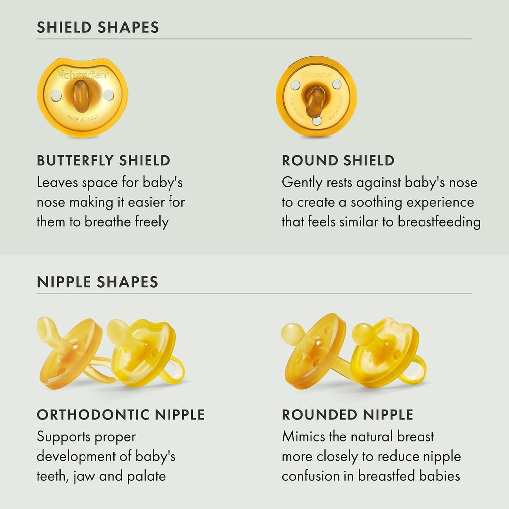 Natursutten 2-Pack Natural Rubber Pacifiers - Safe & Soft BPA-Free Pacifier for Breastfeeding Babies, Made in Italy, Butterfly Shield Orthodontic Nipple, 6-12 Months