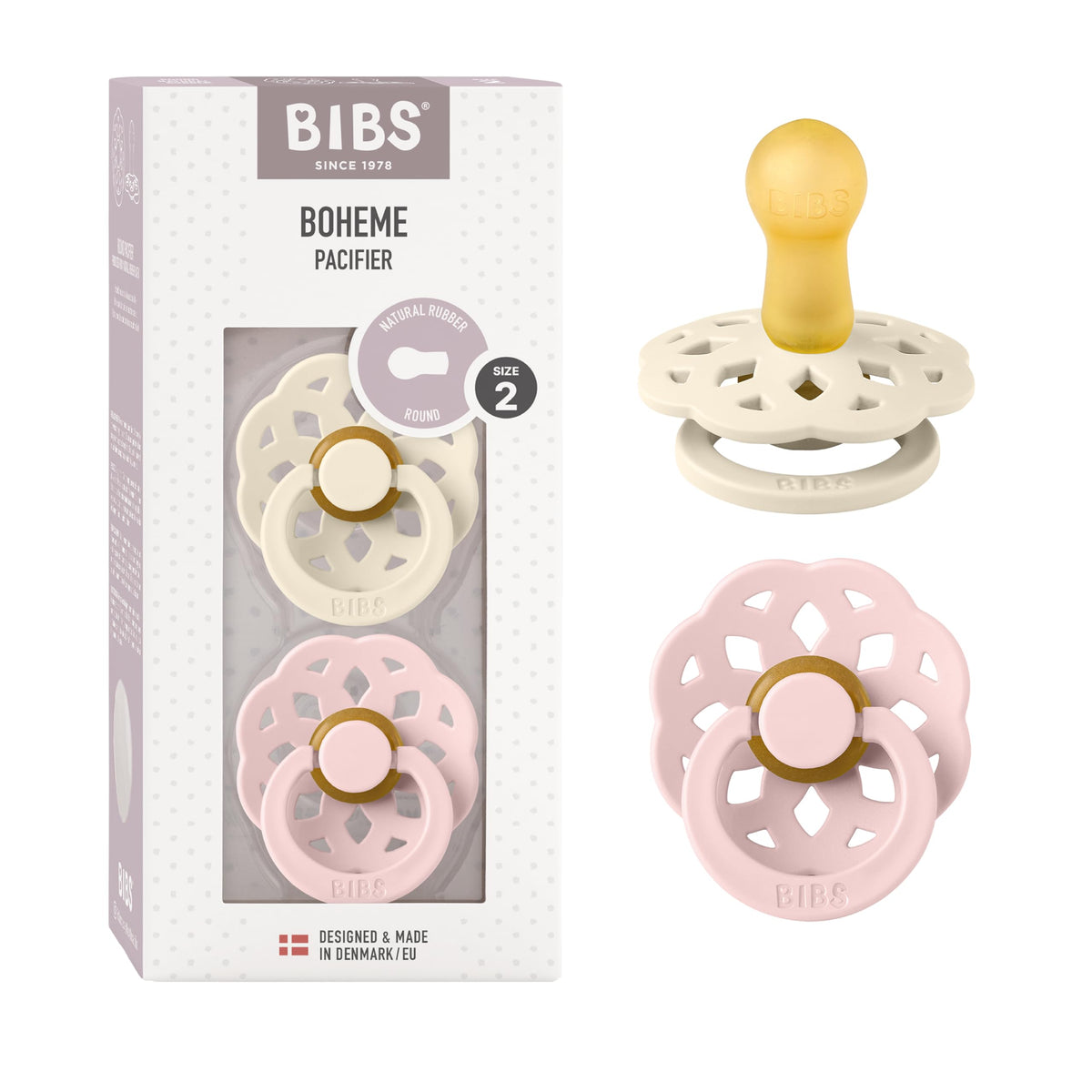 BIBS Pacifiers 6-18 Months | Boheme Collection 2-Pack | BPA-Free Round Nipple | Made in Denmark | Dusty Pink/Elderberry Color Pacifier