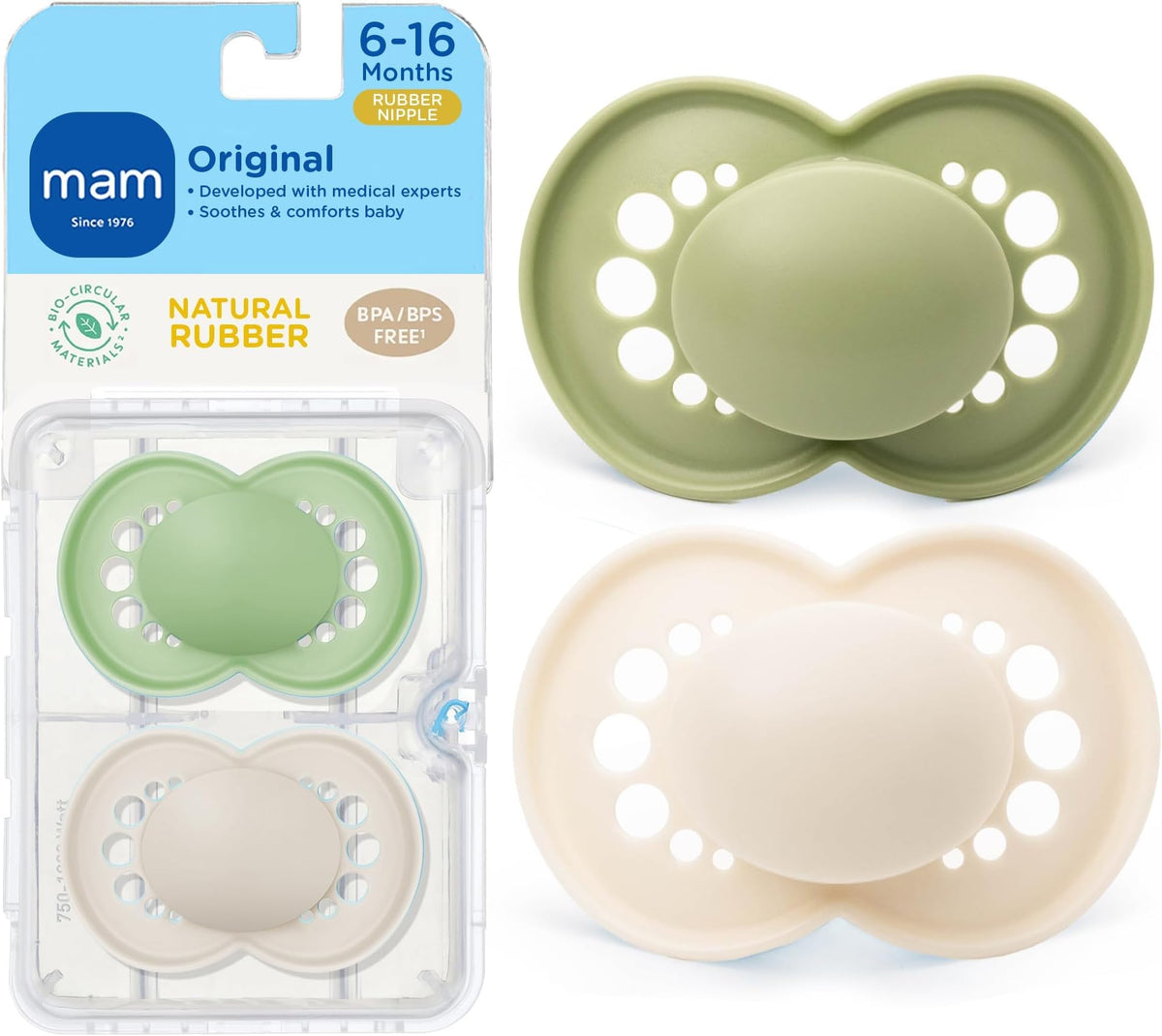 MAM Original Matte Baby Pacifier 6-16 Mths, Natural Latex Nipple, 2 Pk