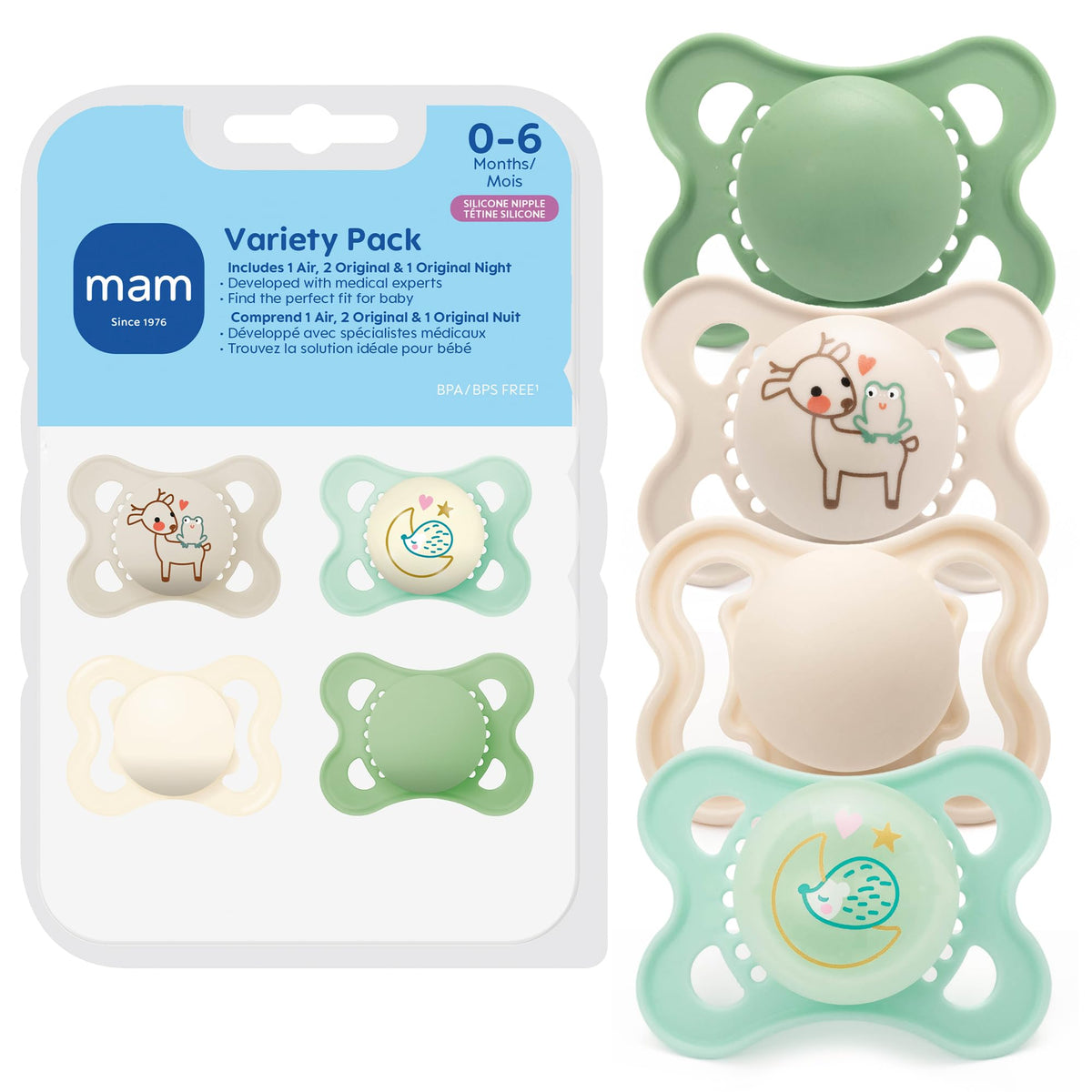 MAM Pacifier 0-6 Months Variety Pack, BPA-Free, Silicone Nipple, 3 Pack