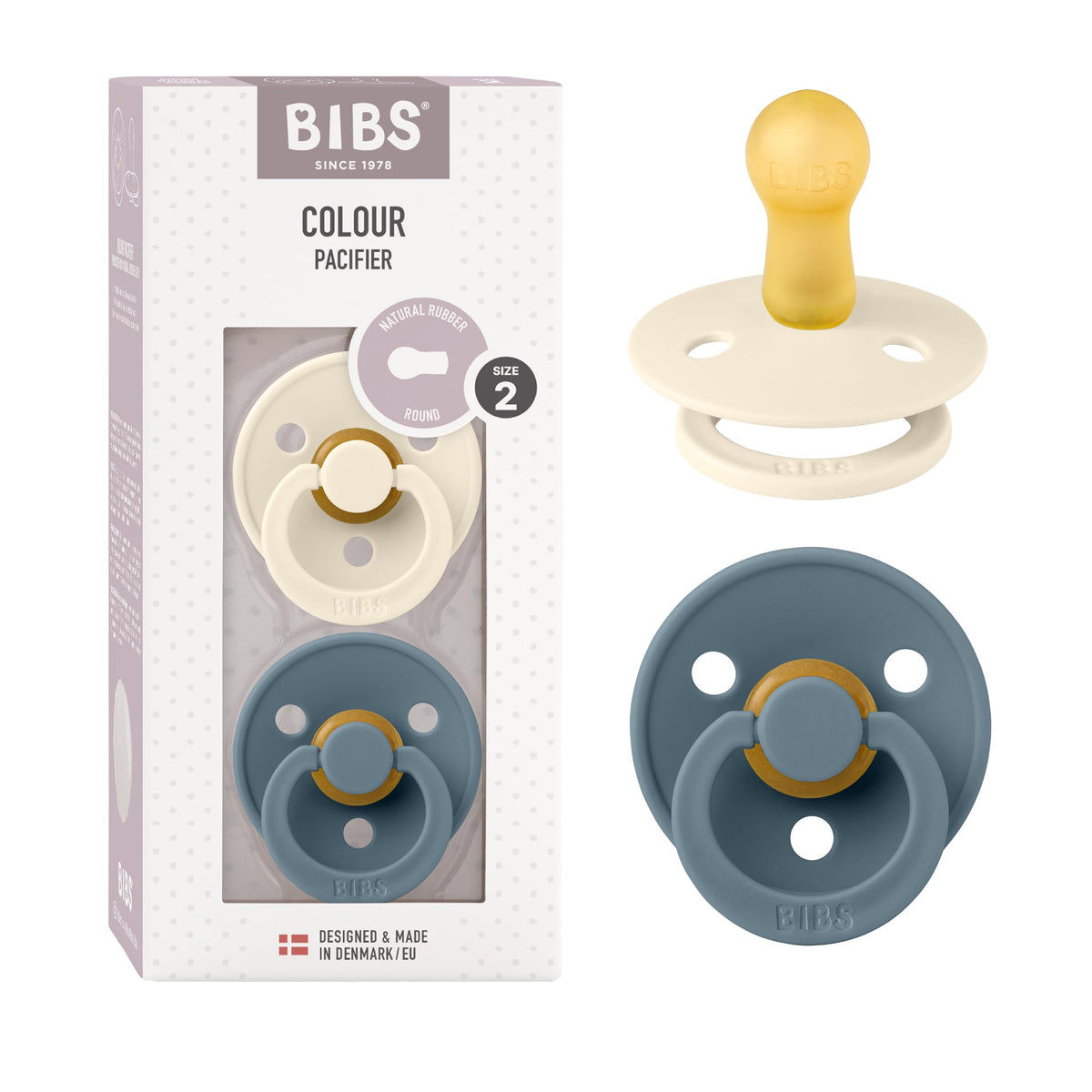BIBS Pacifiers Colour Collection | Natural Rubber Baby Pacifier | Set of 2 BPA-Free Soothers | Made in Denmark | 0+ Months (Pack of 2) | Blush/Ivory