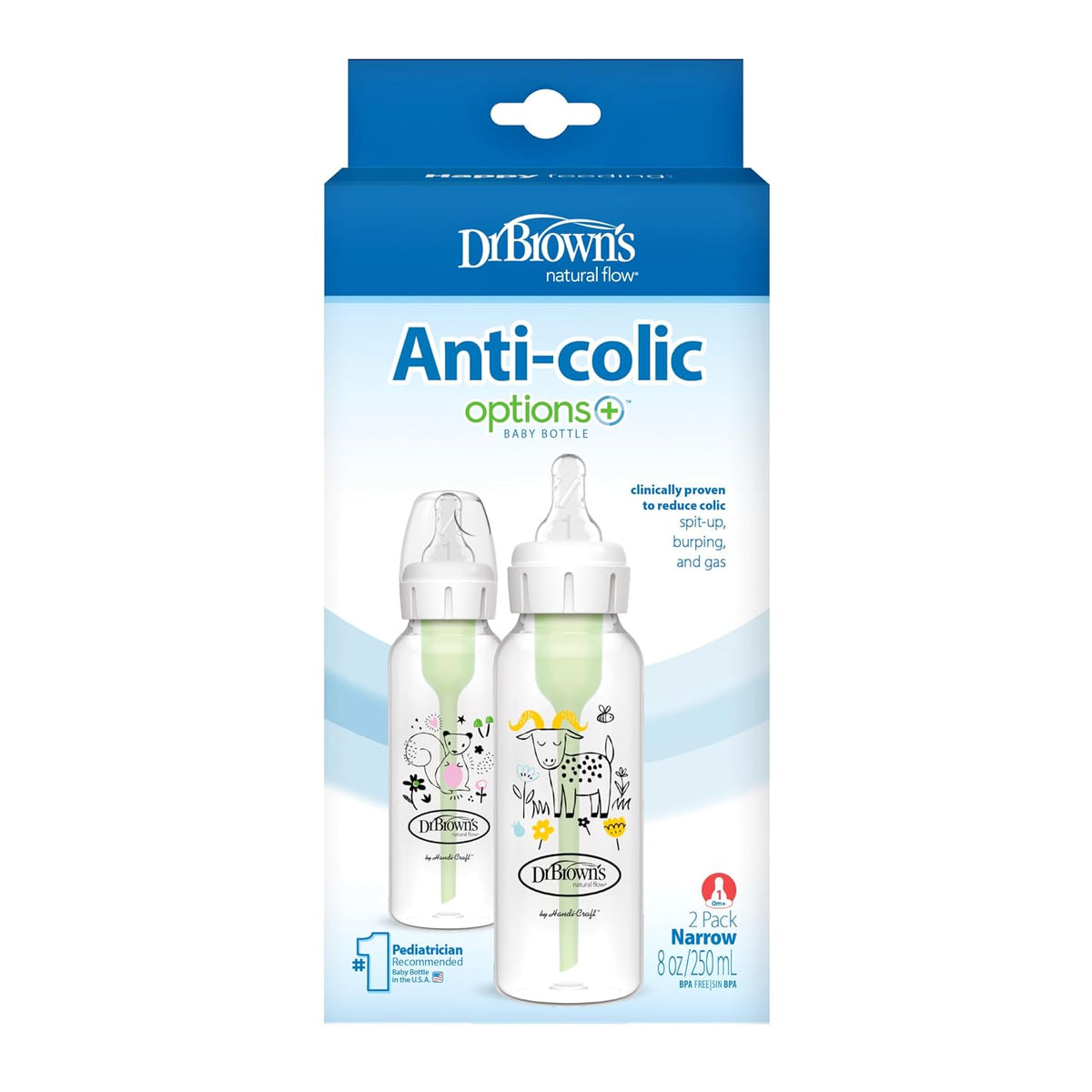 Dr. Brown's Anti-Colic Options+ Narrow Baby Bottle, Goat & Squirrel, 2-Pack