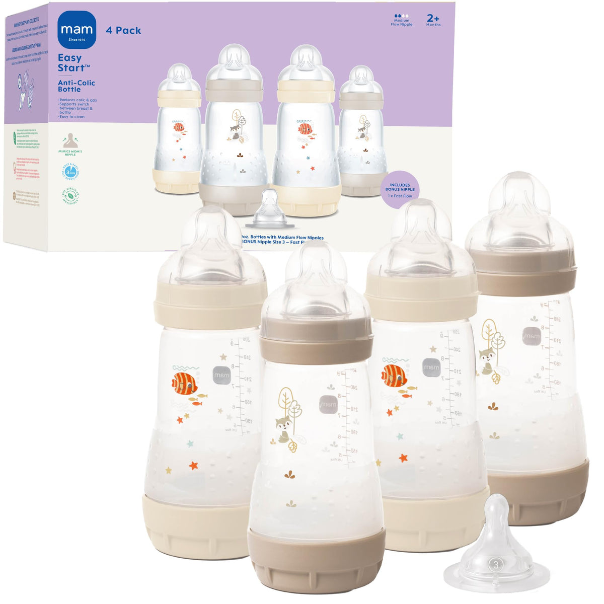 MAM 9oz Easy Start Anti-Colic+ Vented Baby Bottles, 2+ Months, 4 Pack, Girl