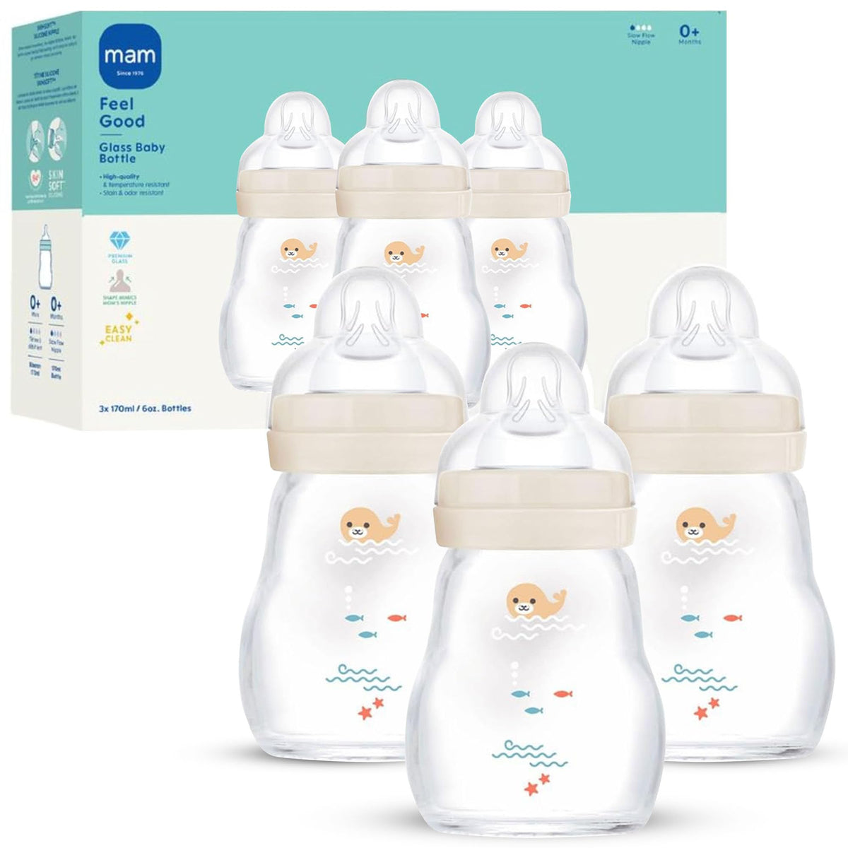 MAM 6oz Pure Glass Feel Good Anti-Colic 0+ Months Baby Bottle, 3 Pack, Boy