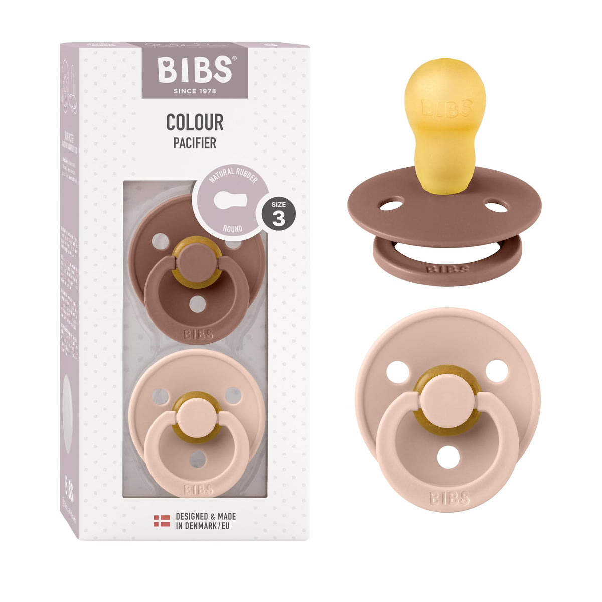 BIBS Pacifiers Colour Collection | Natural Rubber Baby Pacifier | Set of 2 BPA-Free Soothers | Made in Denmark | 0+ Months (Pack of 2) | Blush/Ivory