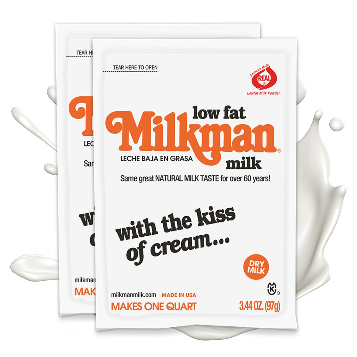 Milkman Low-Fat Milk - Instant Dry Milk Powder Packets - For Coffee, Baking, or Travel - Just Add Water, Makes One Quart - Classic, Natural Taste with the Kiss of Cream! (4 Pack)