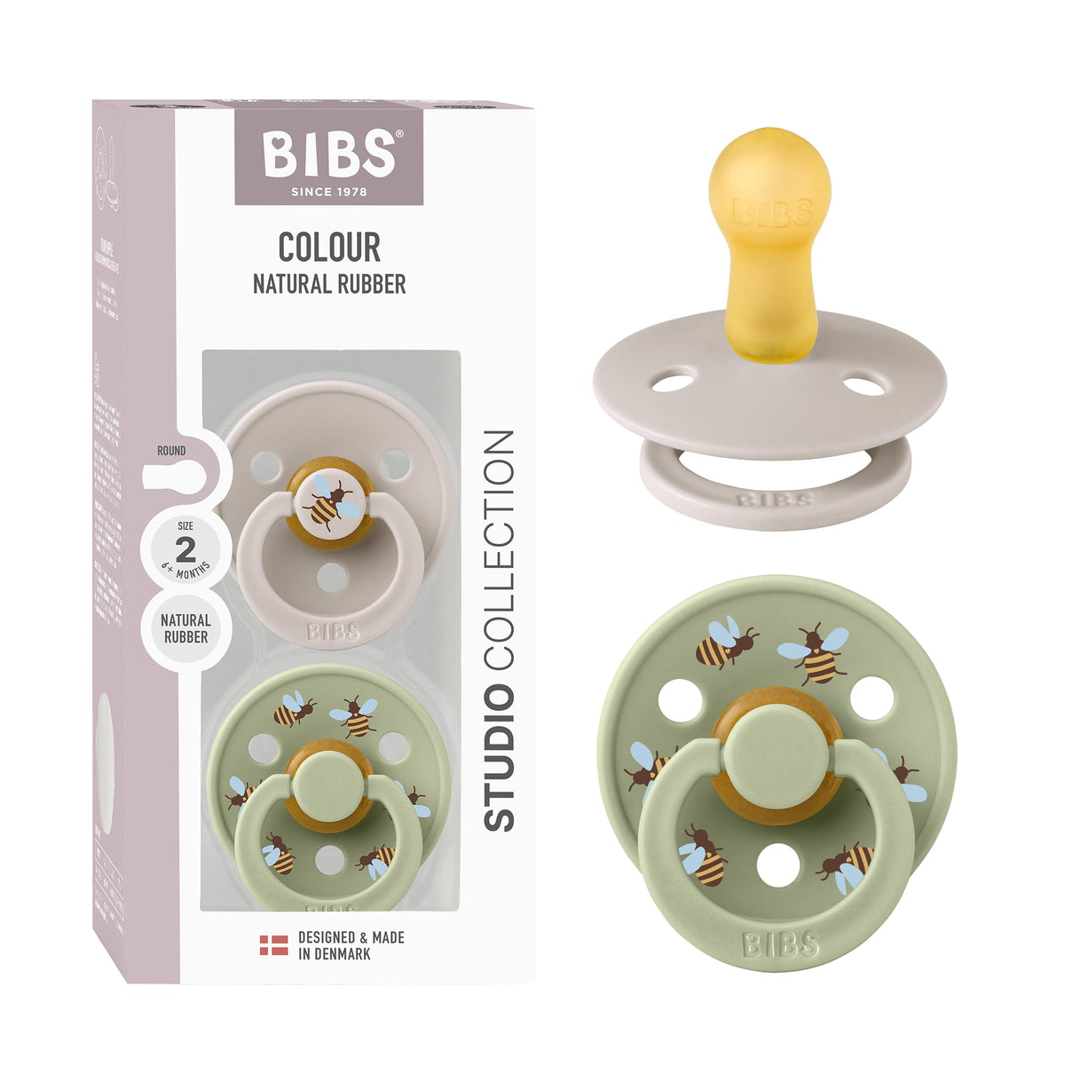 BIBS Colour Pacifier, 6-18 Months, 2-Pack, Round, Block Baby Pink Coral