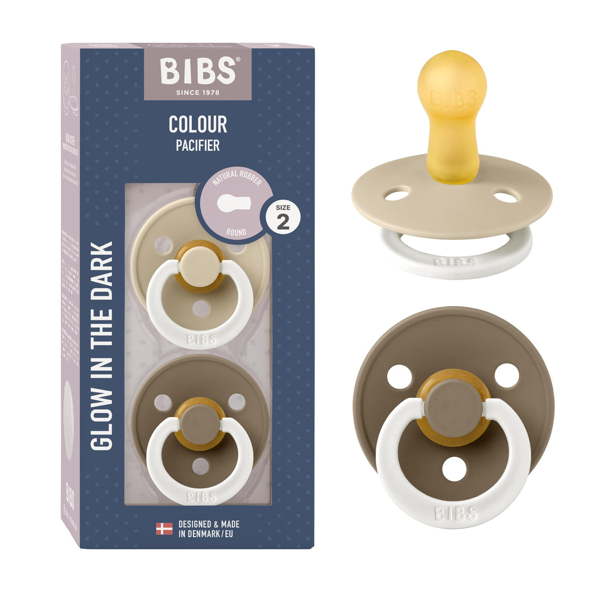 BIBS Pacifiers Colour Collection | Natural Rubber Baby Pacifier | Round Nipple | Set of 2 BPA-Free Soothers | Made in Denmark | 0+ Months (Pack of 2) | Sage/Ivory