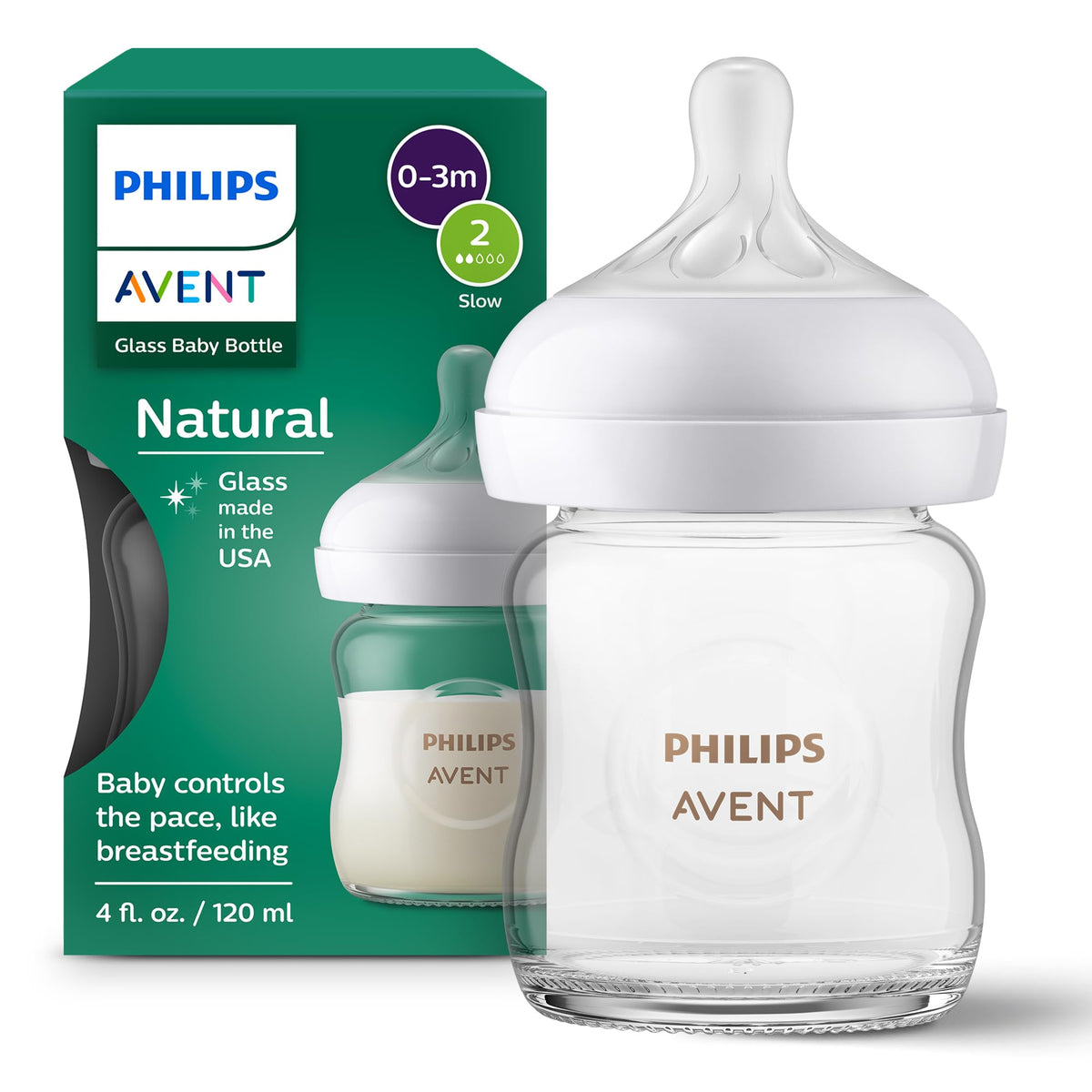 Philips Avent Natural Glass Baby Bottle, Slow Flow, 4 oz, BPA-Free, 1-Pack