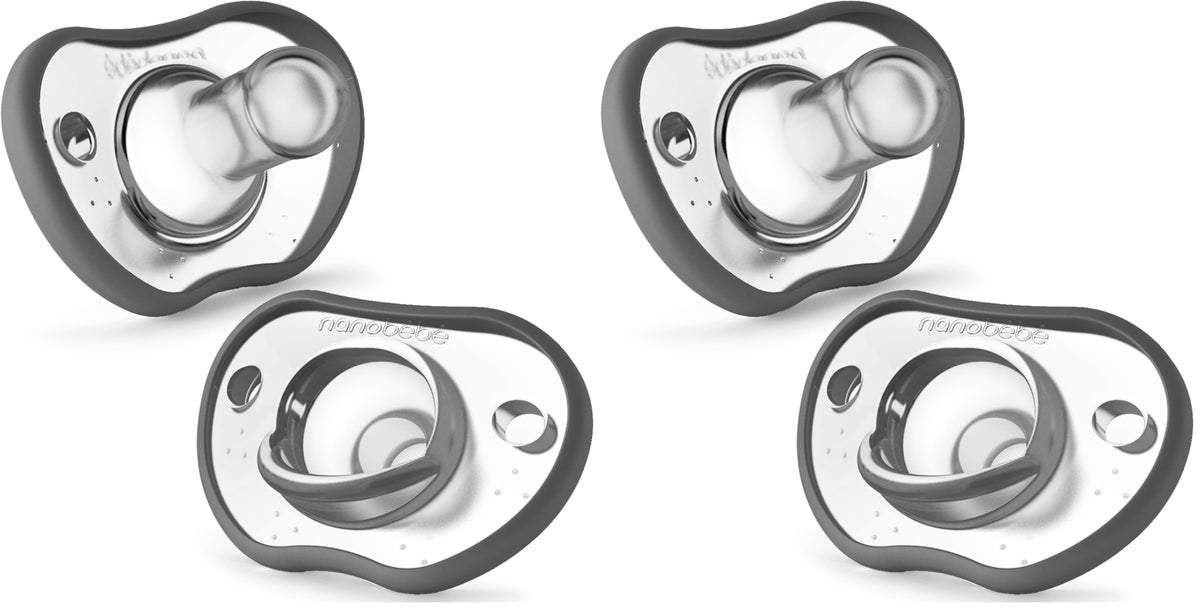 Nanobebe Baby Pacifiers 0-3 Month - Orthodontic, Curves Comfortably with Face Contour, Award Winning for Breastfeeding Babies, 100% Silicone, Baby Registry Gift 4pk,Pink/Grey