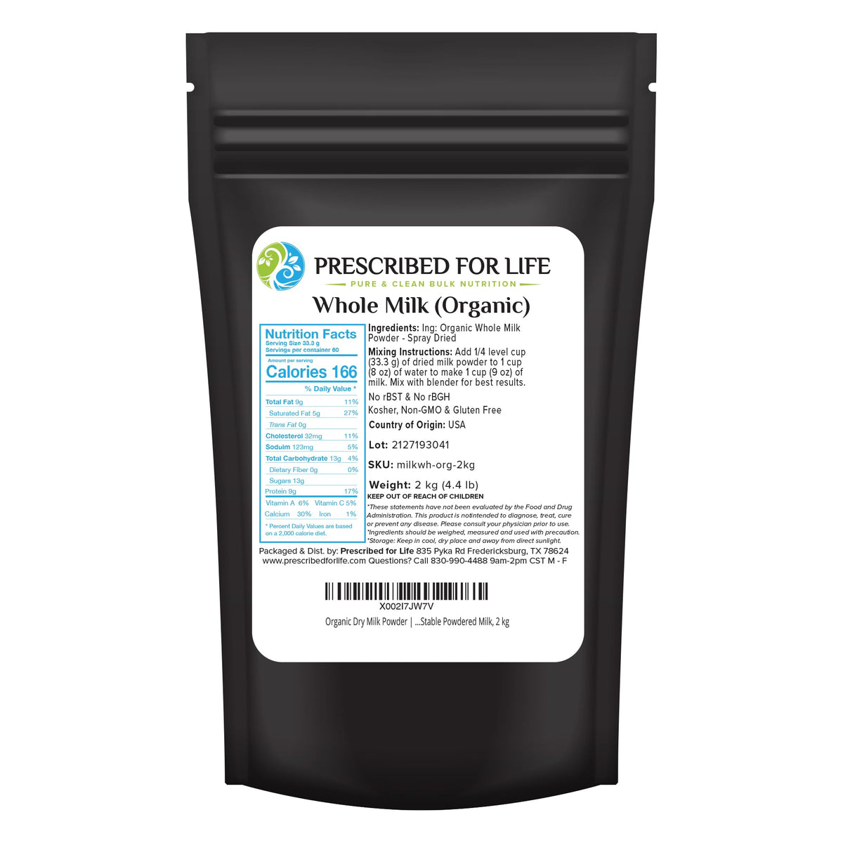 Prescribed For Life Organic Dry Milk Powder, USDA Grade A Whole Milk rBST & rBGH Free, Non GMO, Kosher, Shelf Stable Whole Milk Powder (12oz / 340g)