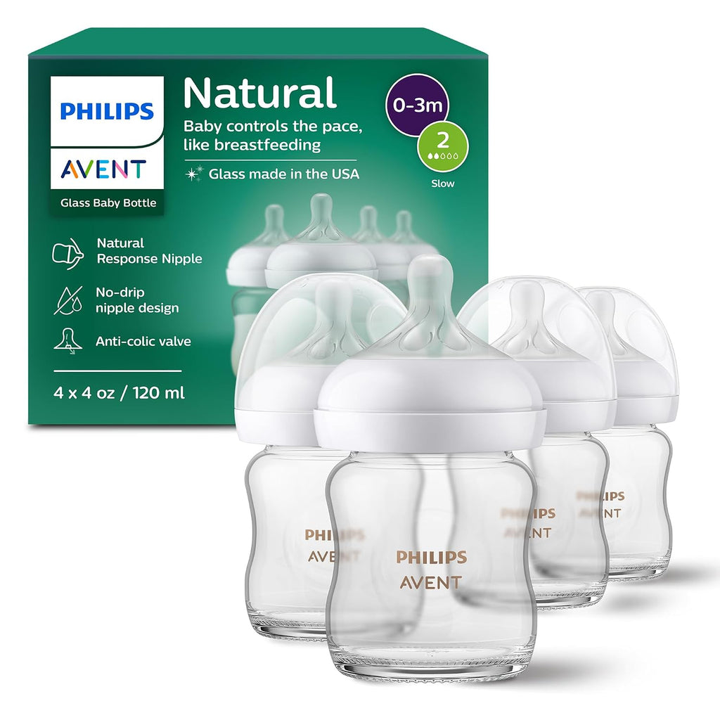 Philips Avent Natural Glass Baby Bottles, Slow Flow, 4 oz, BPA-Free, 4-Pack