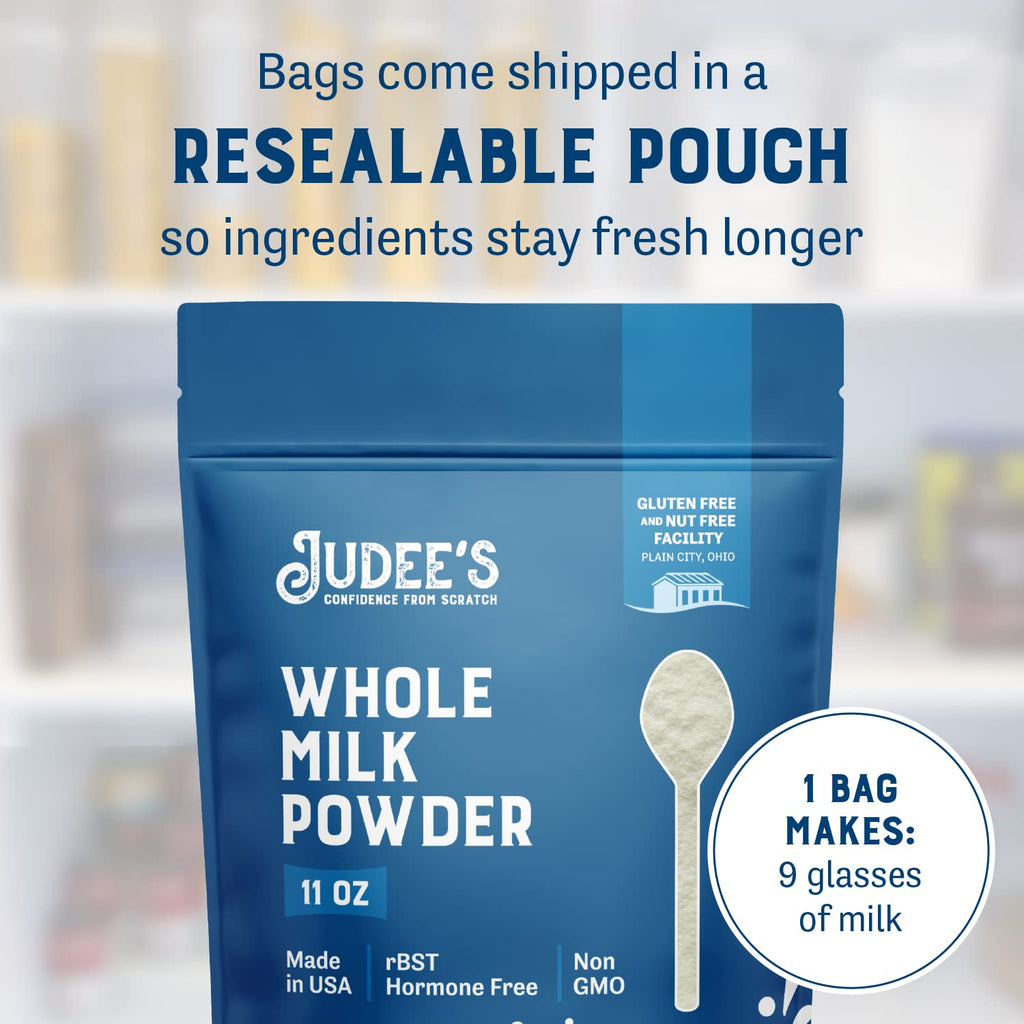 Judee's Gluten Free Whole Milk Powder - Creamy Instant Milk Powder for Baking Pancakes & Bread - Shelf-Stable Blend for Travel & Camping - 11 oz, Pack of 1