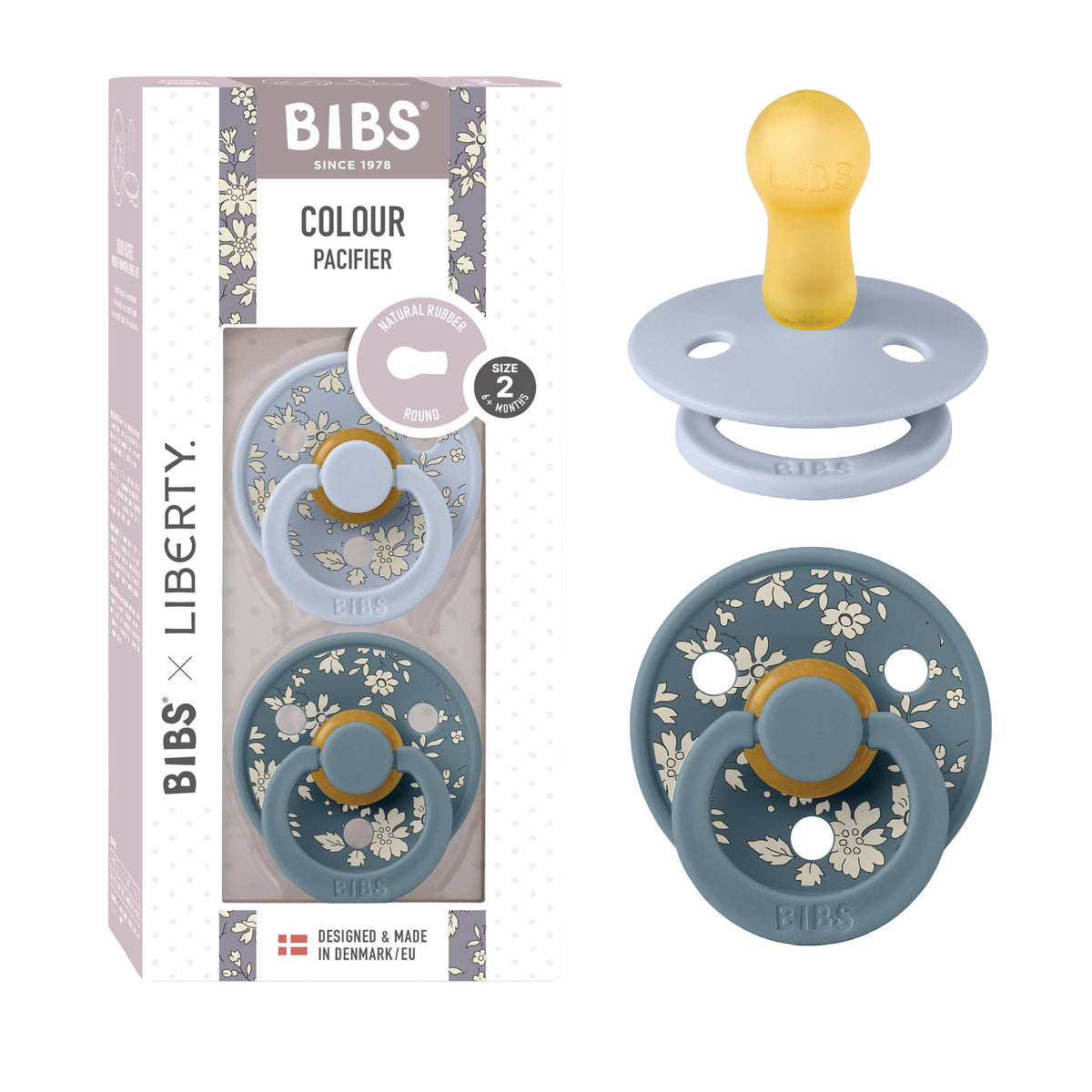 BIBS x Liberty Colour Pacifier, 0-6 Months, 2-Pack, Round, Capel Dusty Blue