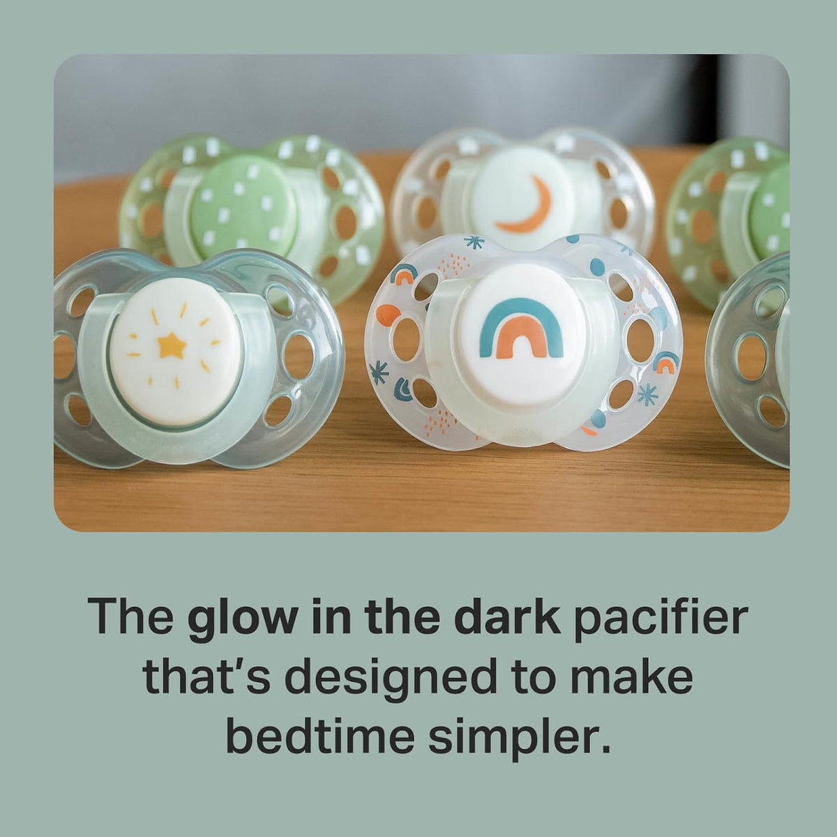 Tommee Tippee Night Time Pacifier, 18-36 Months, Symmetrical Silicone Baglet, BPA-Free Binkies, Glow in The Dark Technology, Green Rainbow, Pack of 6