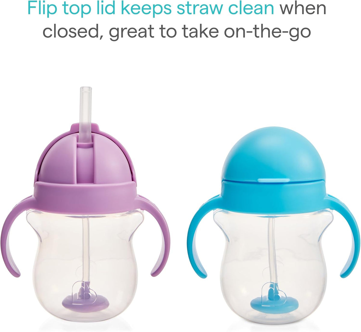 Munchkin Any Angle Sippy Cups for Toddlers, Spill Proof Weighted Straw Cup with Transition Handles for Babies 6 Months and Up, 2 Pack, Blue/Green