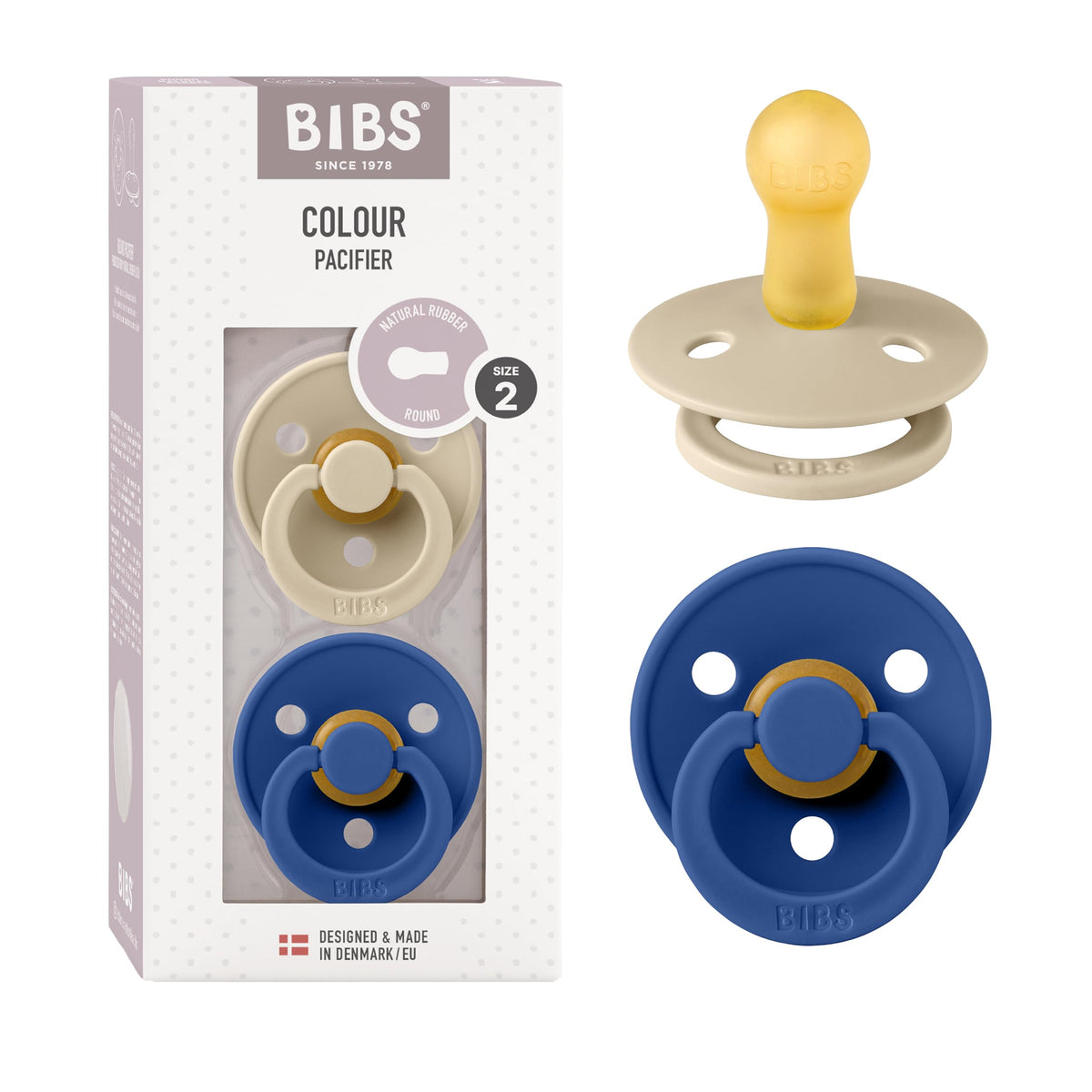 BIBS Pacifiers Colour Collection | Natural Rubber Baby Pacifier | Round Nipple | Set of 2 BPA-Free Soothers | Made in Denmark | 0+ Months (Pack of 2) | Sage/Ivory