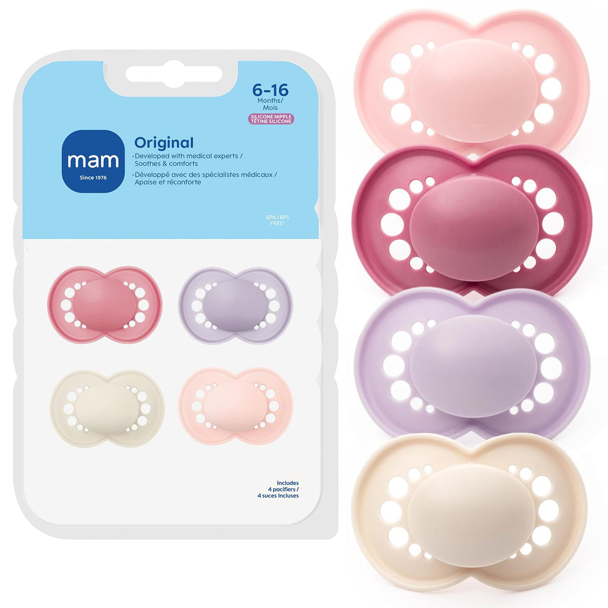 MAM Original Baby Pacifier 6-16 Mths, Skin Soft Silicone Nipple, 4 Pack