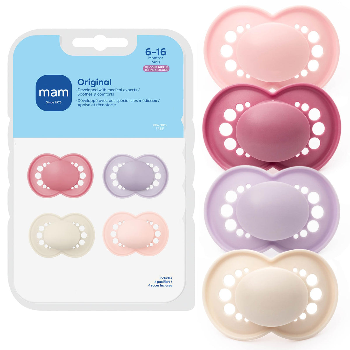MAM Original Baby Pacifier 6-16 Mths, Skin Soft Silicone Nipple, 4 Pack