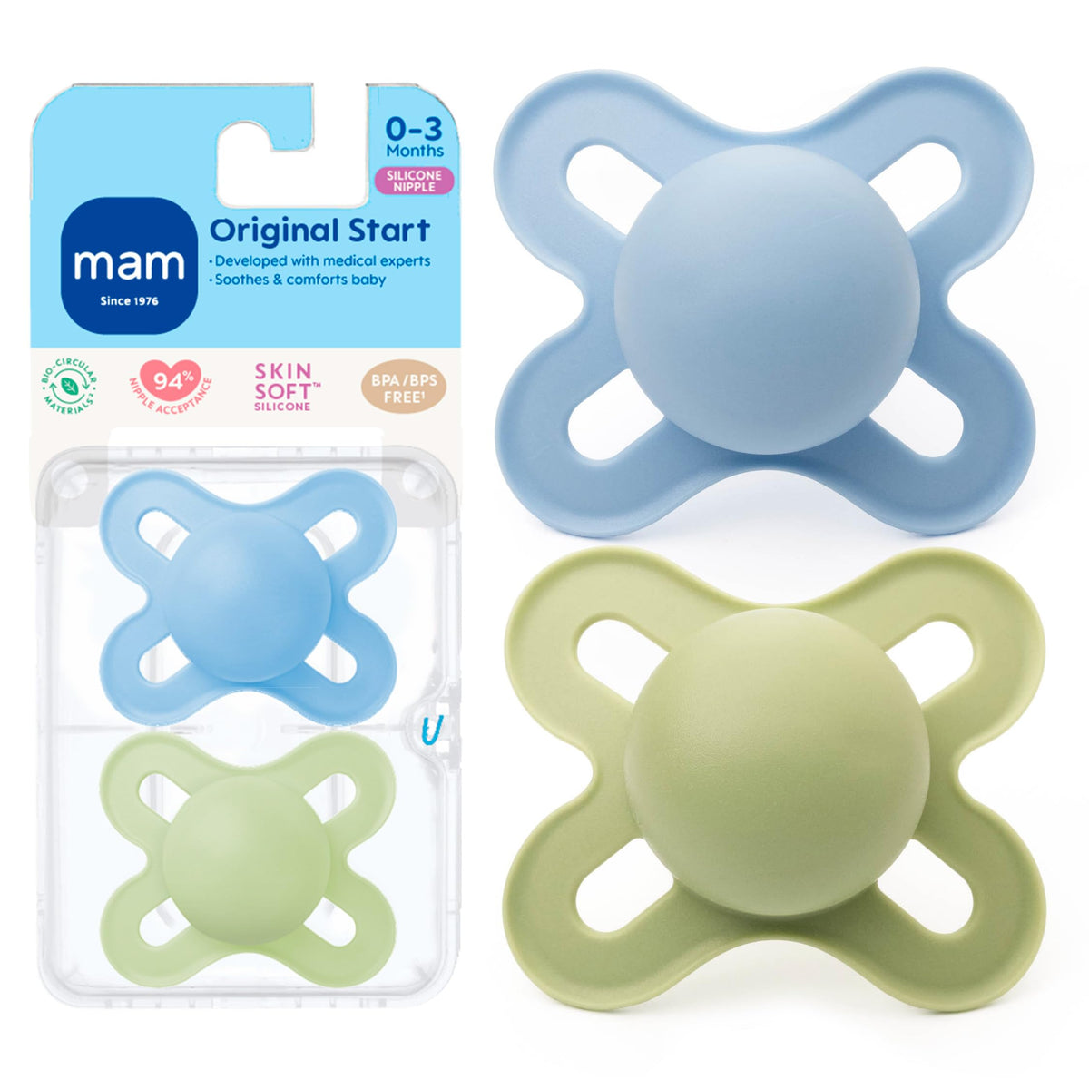 MAM Original Start Baby Pacifiers 0-3 Mths Skin Soft Silicone, 2 Pack