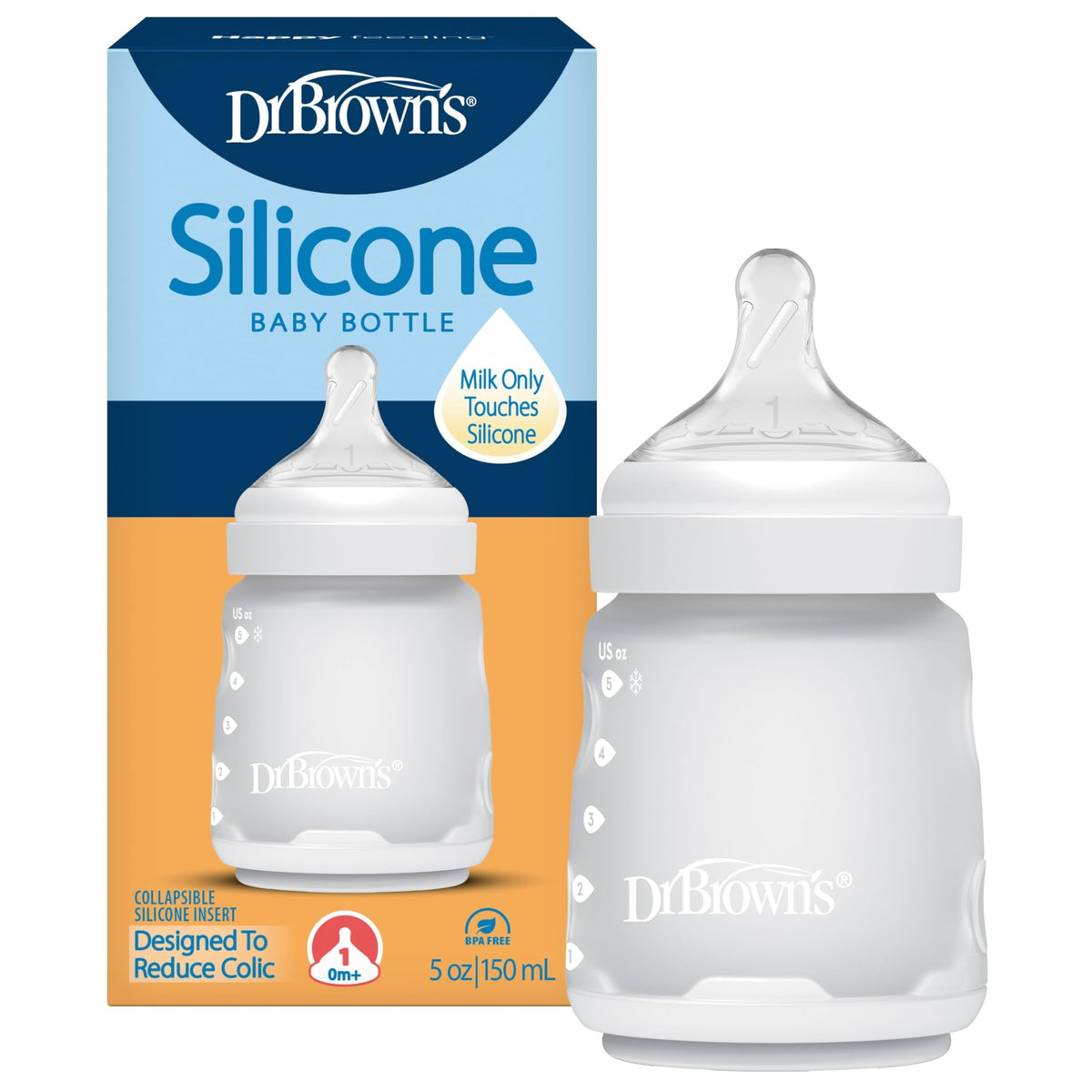 Dr. Brown's Silicone Baby Bottle, 5 oz, Level 1 Nipple, 0m+, Blue, 4-Pack