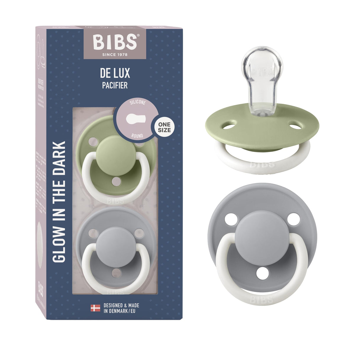 BIBS Pacifiers - De Lux Collection | BPA-Free Round Nipple | Silicone | Made in Denmark | Set of 2 Blush Night/Vanilla Night Color Premium Soothers | Size One Size