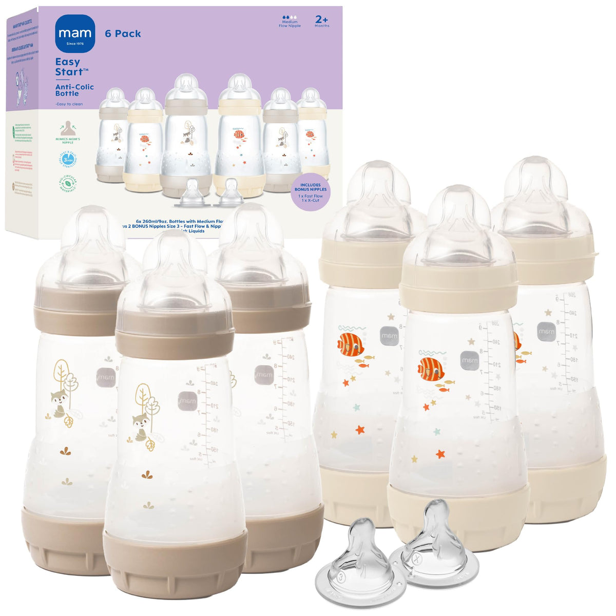 MAM 9oz Easy Start Anti-Colic+ Vented Baby Bottles, 2+ Months, 6 Pack, Girl