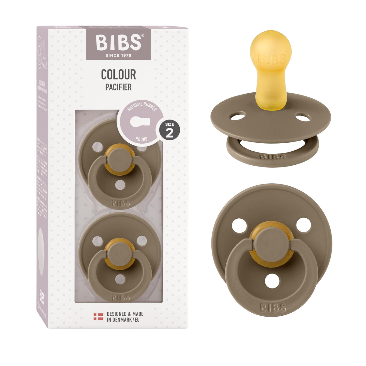 BIBS Pacifiers Colour Collection | Natural Rubber Baby Pacifier | Round Nipple | Set of 2 BPA-Free Soothers | Made in Denmark | 0+ Months (Pack of 2) | Sage/Ivory