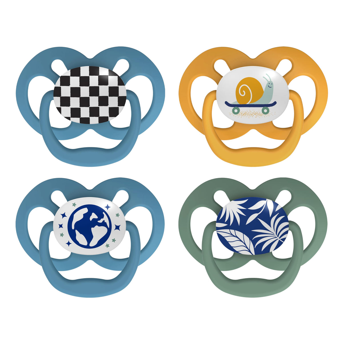 Dr. Brown's Advantage Glow-in-the-Dark Baby Pacifier, Fully Symmetrical Soother with Soft Silicone Bulb, Skateboard Snail-Blue Nature, 6-18m, BPA Free, 4 Pack