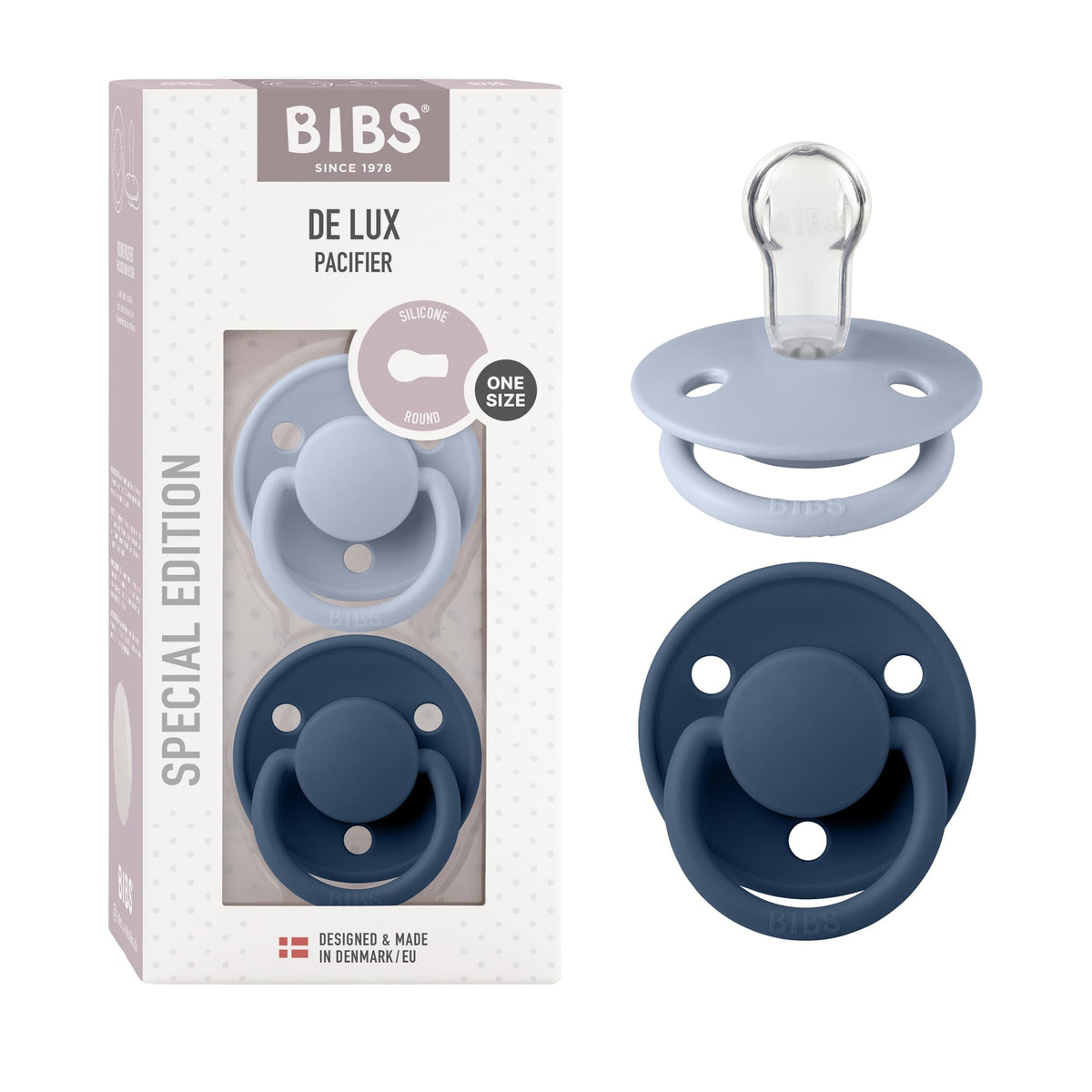 BIBS Pacifiers - De Lux Collection | BPA-Free Round Nipple | Silicone | Made in Denmark | Set of 2 Blush Night/Vanilla Night Color Premium Soothers | Size One Size