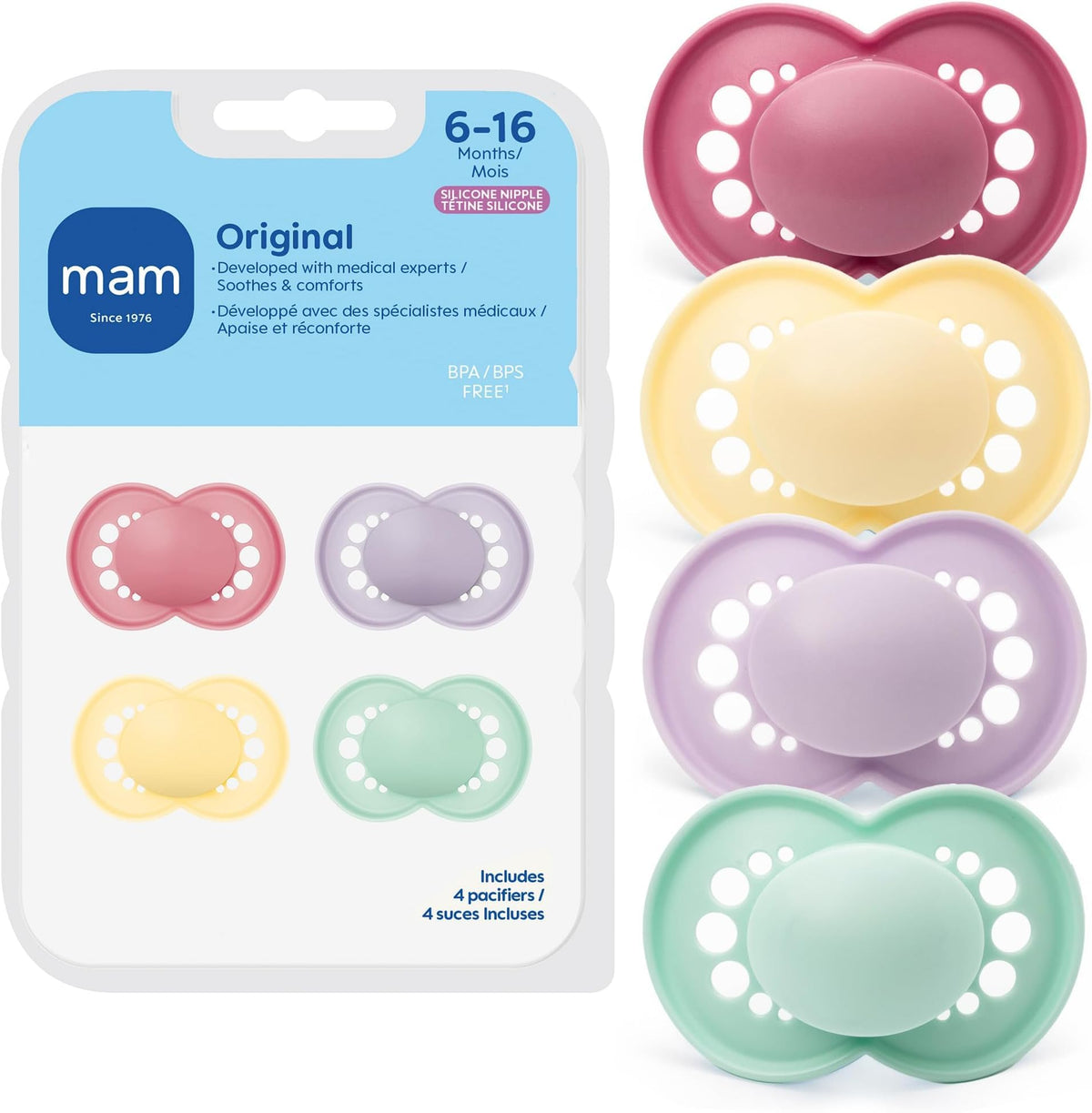 MAM Original Baby Pacifier 6-16 Mths, Skin Soft Silicone Nipple, 4 Pack