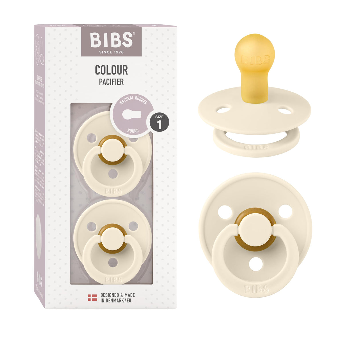 BIBS Pacifiers Colour Collection | Natural Rubber Baby Pacifier | Set of 2 BPA-Free Soothers | Made in Denmark | 0+ Months (Pack of 2) | Blush/Ivory