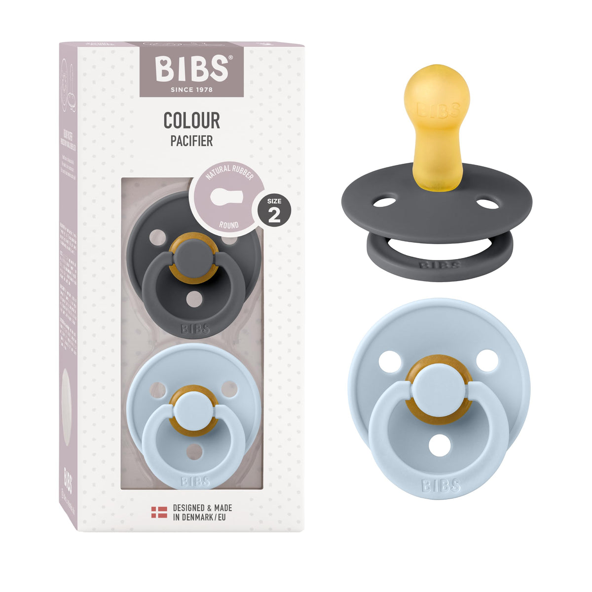 BIBS Pacifiers Colour Collection | Natural Rubber Baby Pacifier | Round Nipple | Set of 2 BPA-Free Soothers | Made in Denmark | 0+ Months (Pack of 2) | Sage/Ivory