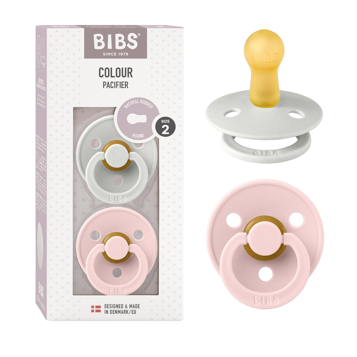 BIBS Pacifiers Colour Collection | Natural Rubber Baby Pacifier | Set of 2 BPA-Free Soothers | Made in Denmark | 0+ Months (Pack of 2) | Blush/Ivory