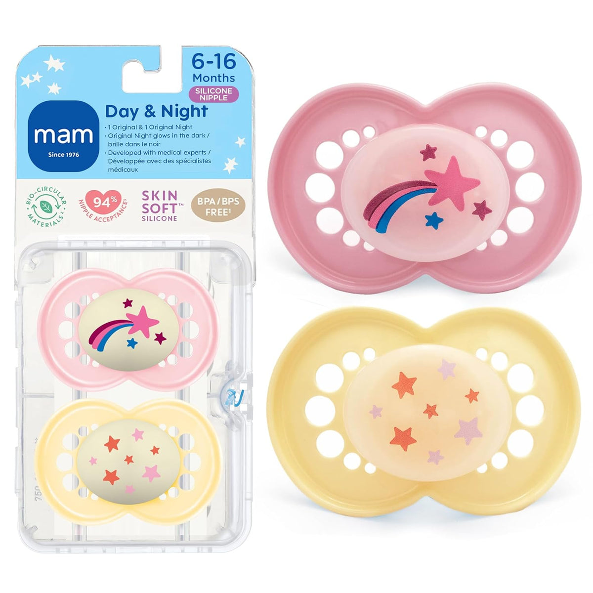 MAM Original Baby Pacifiers 6-16 Months, Glows in The Dark, 2 Pack
