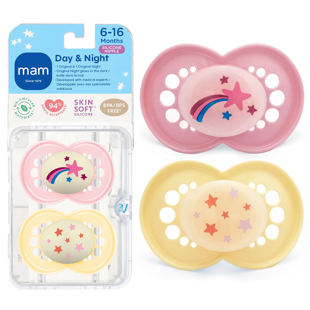 MAM Original Baby Pacifiers 6-16 Months, Glows in The Dark, 2 Pack