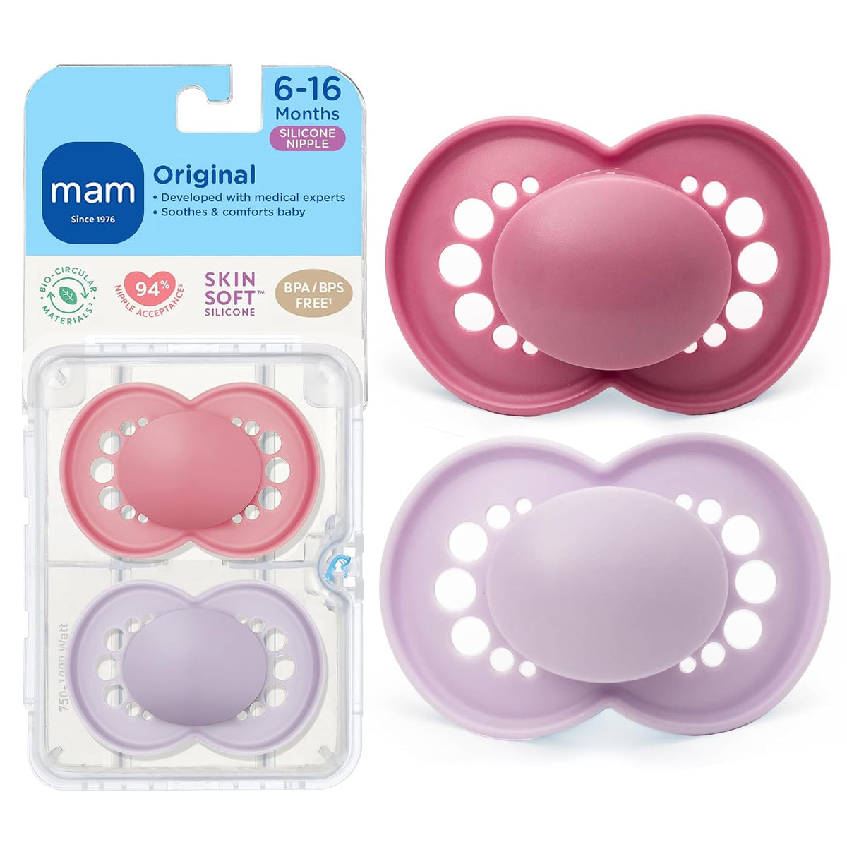 MAM Original Baby Pacifier 6-16 Mths, Skin Soft Silicone Nipple, 2 Pack