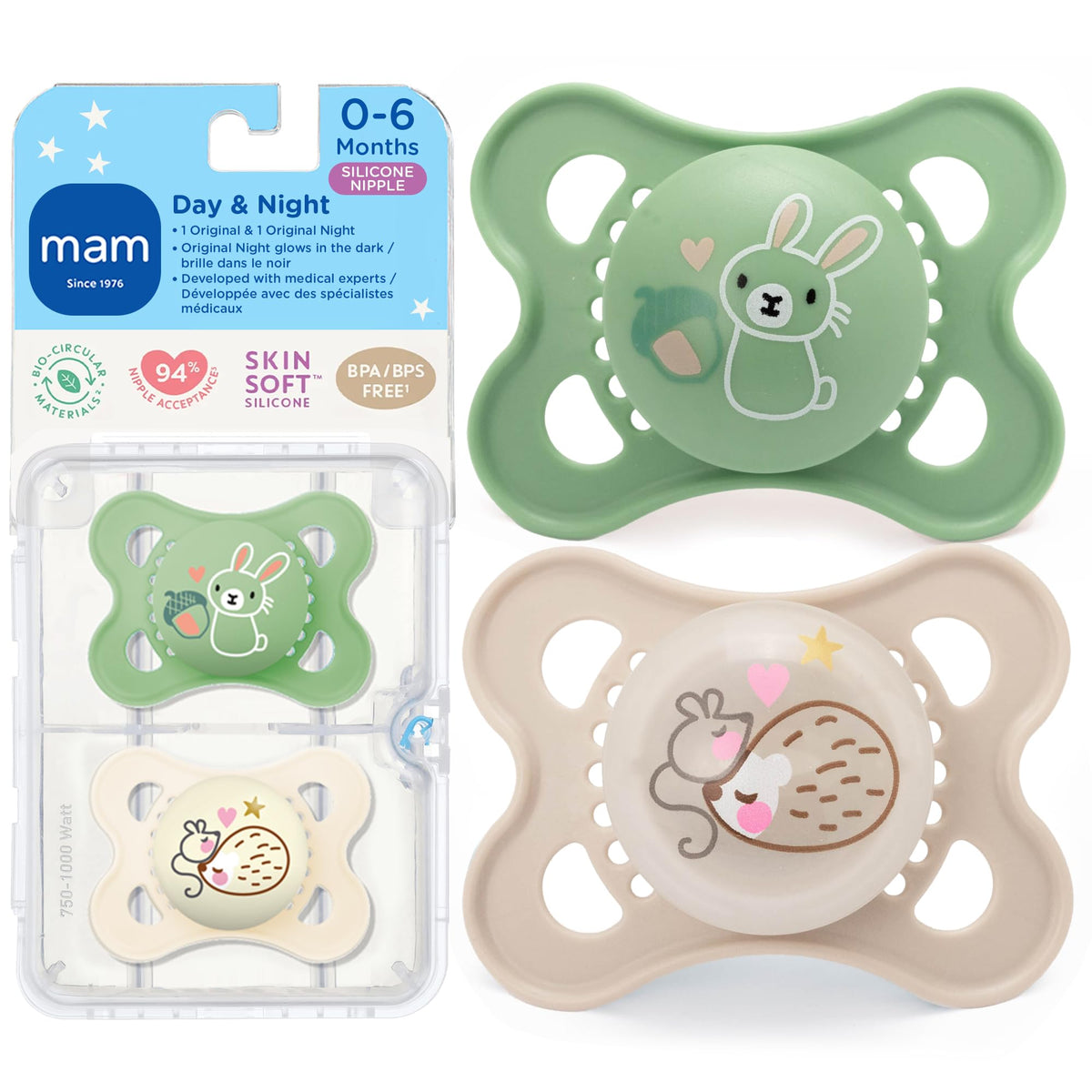 MAM Original Baby Pacifiers 0-6 Months, Glows in The Dark, 4 Pack