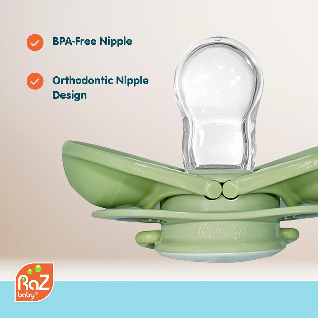RaZbaby Keep-It-Kleen Baby Pacifier 2-Pack Closes When Dropped - BPA-Free Silicone Orthodontic Nipple, Ideal for Travel, Nipple Stays Clean, 0-36 Months - Grey/Blue
