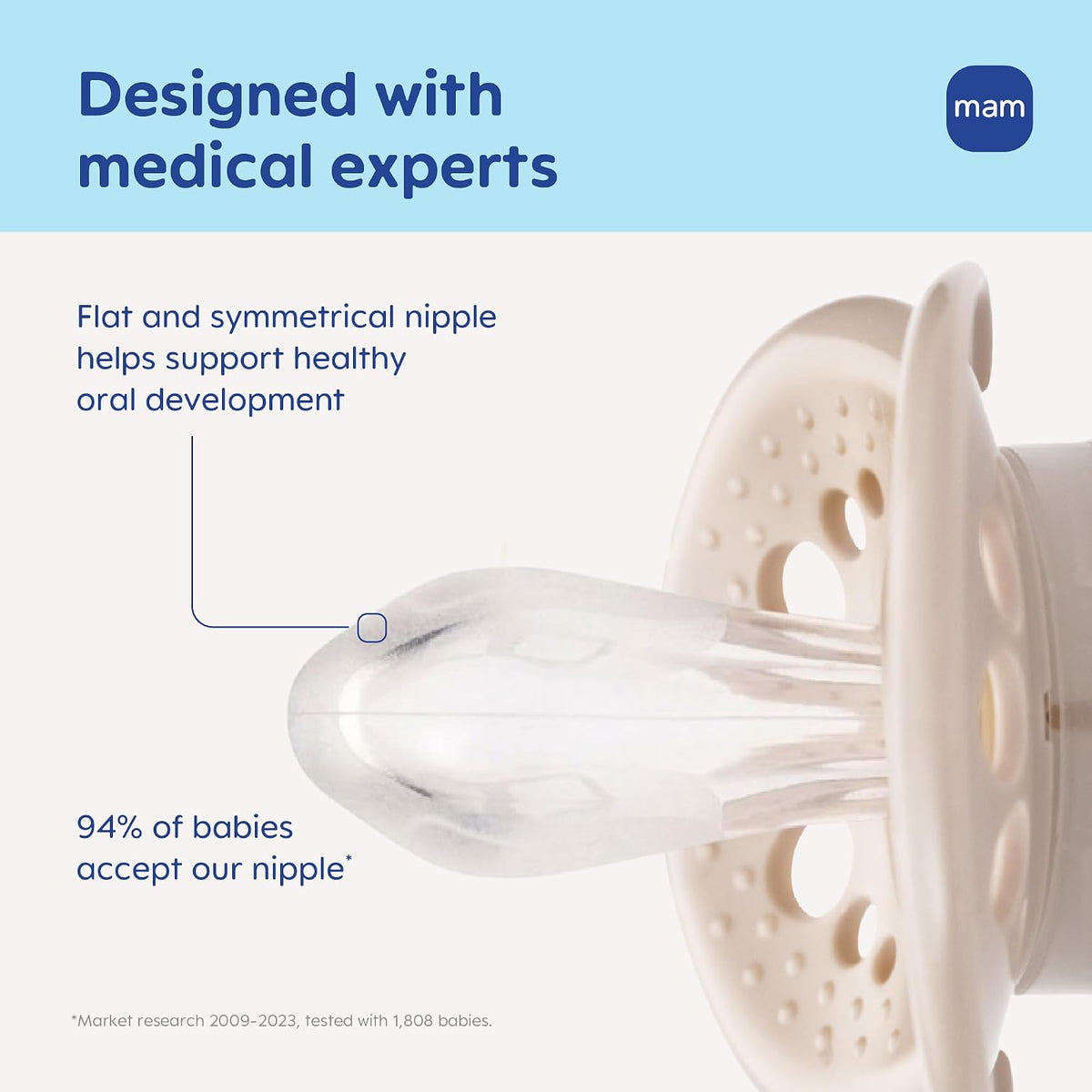 MAM Original Baby Pacifier 6-16 Mths, Skin Soft Silicone Nipple, 2 Pack