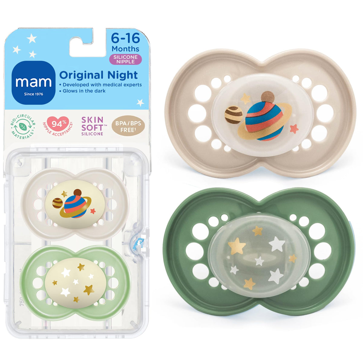 MAM Original Baby Pacifiers 6-16 Months, Glows in The Dark, 2 Pack