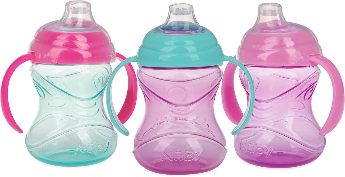 Nuby Clik-It Grip N' Sip Soft Spout No-Spill Training Sippy Cup with Handles - (3-Pack) 10 oz - 4+ Months - Aqua/Purple/Pink