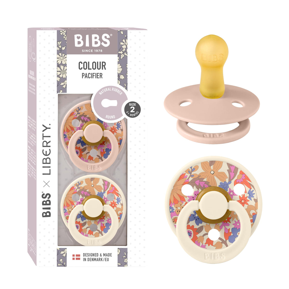 BIBS x Liberty Colour Pacifier, 0-6 Months, 2-Pack, Round, Capel Dusty Blue