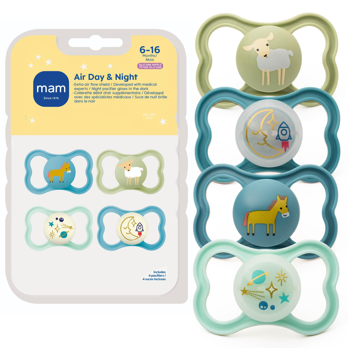 MAM Air Pacifier 6-16 Months, Extra Air Flow for Sensitive Skin, 4 Pack